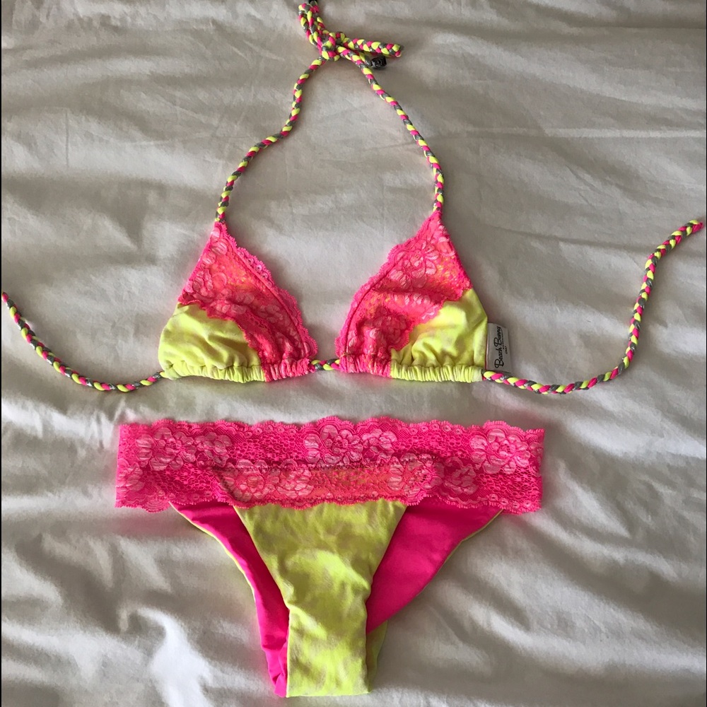 Beach Bunny Hot Pink Leopard Lace Bikini Set - Medium